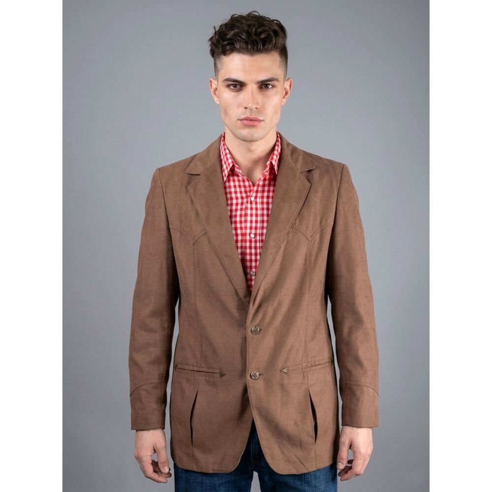 70s Western Blazer 42 L Vintage Grais Rancho Beige Tan Casual Sport Coat